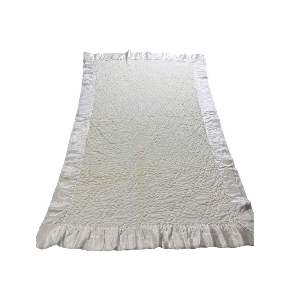 Vintage Quiltex Baby‎ Quilt Blanket Ivory Satin Trim Ruffle Crib Nursery 48x31